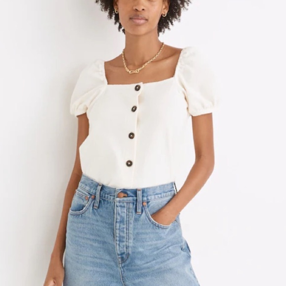 Madewell Button-Front Puff Sleeve Textured Blouse